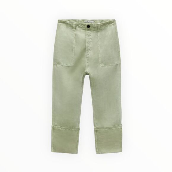 ZARA | Sea Green | LINEN BLEND TURNED UP CUFF PANTS - Picture 2 of 11